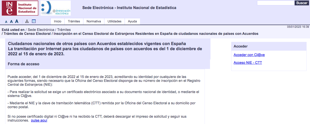 Interfaz de la web de inscripción para votar en las elecciones municipales siendo ciudadano extracomunitario.