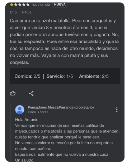 Una reseña negativa a un restaurante en Google desencadena una respuesta épica por parte del propietario